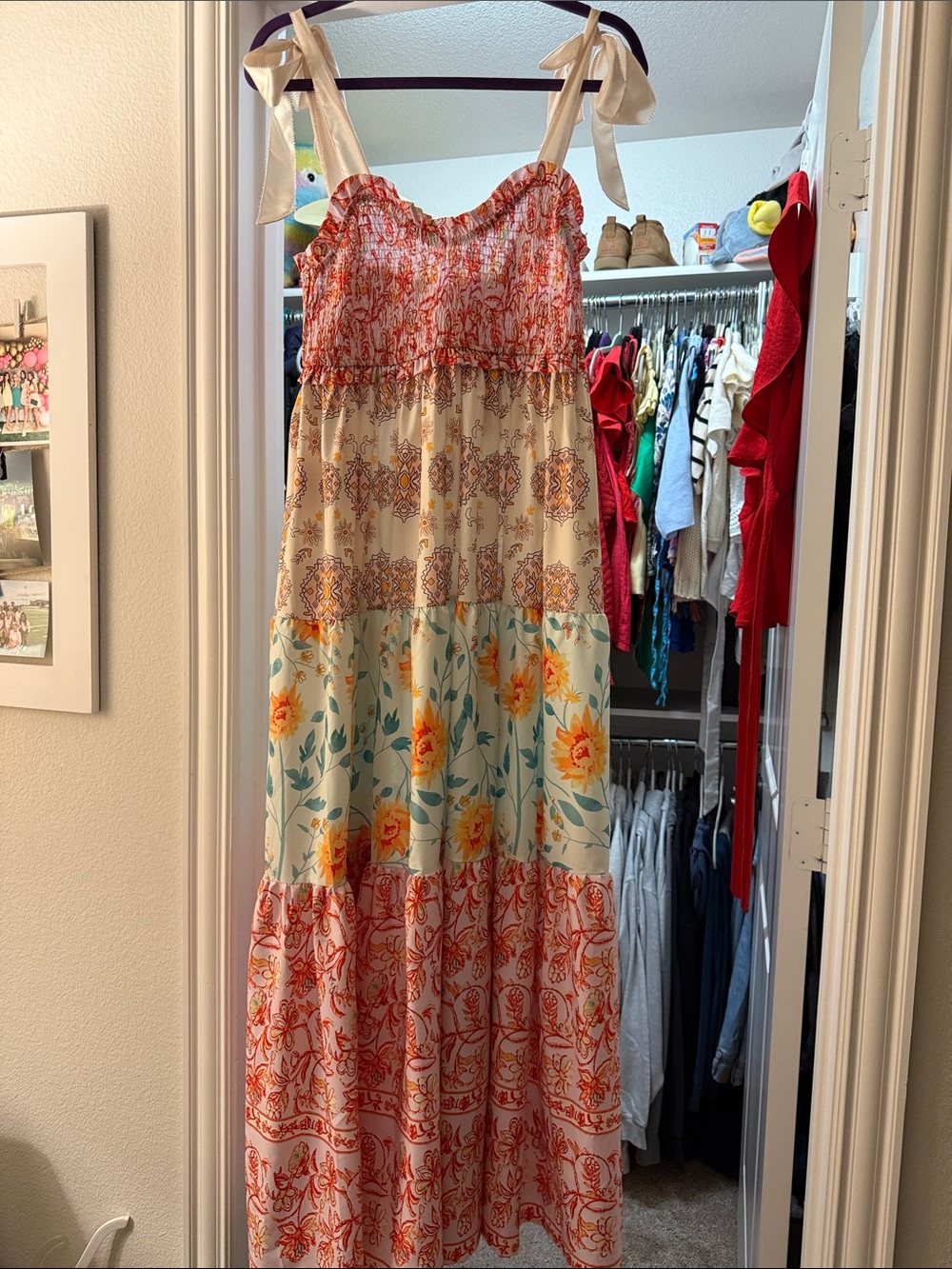 Tiered Floral Tie-Shoulder Maxi Dress in Coral, Cream & Aqua